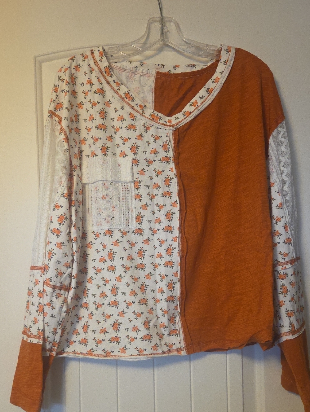 SHEIN Orange Split Floral Patchwork Long Sleeve Top